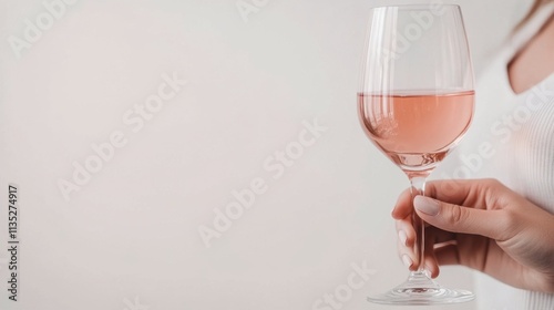 Elegant hand holding a glass of rose wine against a neutral backdrop