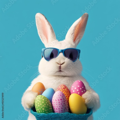 Rabbit wearing sunglasses holds colorful Easter eggs in a bright blue setting