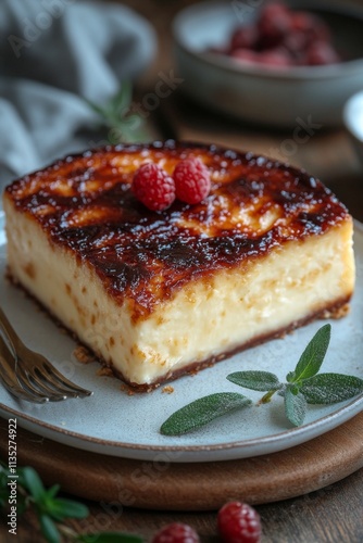 Creamy dessert with caramelized top and fresh raspberries on a rustic wooden table