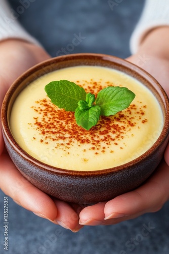 Creamy dessert topped with fresh raspberries and mint leaves in a cozy kitche...