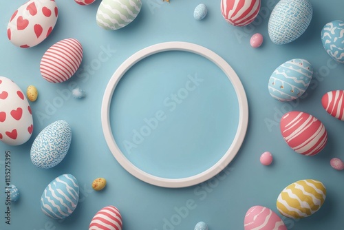 Colorful decorative eggs arranged around an empty white frame on a blue backg...