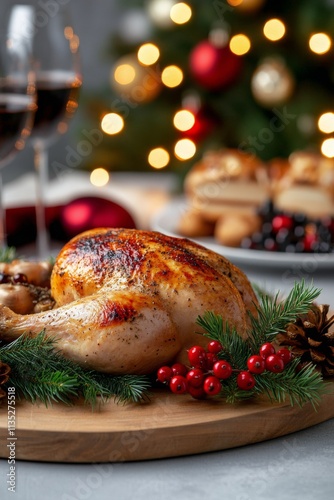 Delicious roasted chicken served with festive vegetables and herbs for a holi...
