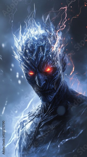 A powerful, dark fantasy creature with icy textures and glowing red eyes stands amidst swirling electric sparks. The ominous, otherworldly being exudes intense energy, perfect for fantasy and horror photo