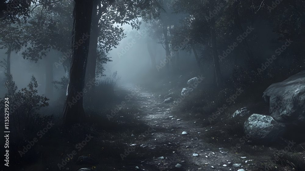 Fototapeta premium Enchanting autumn pathway draped in vibrant leaves and morning mist