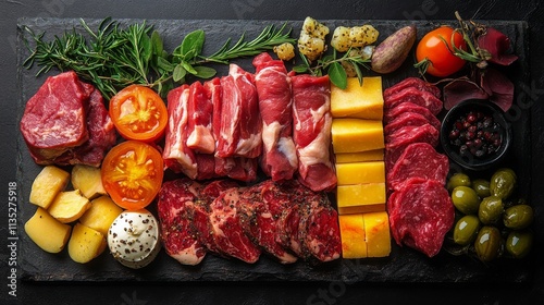 Selection of fresh meats and fish arranged on a black slate platter for culin...