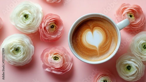 Warm cup of coffee surrounded by pastel flowers on a soft pink background