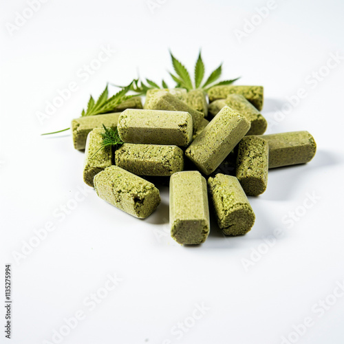 Marijuana leaves and medical derivatives placed on white to represent health benefits.