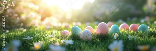 Colorful eggs scattered on lush grass under bright sunlight in a springtime s...