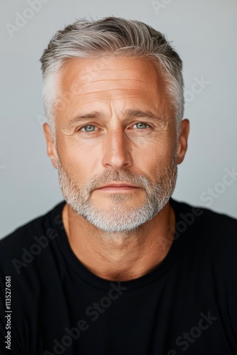 Confident man with gray hair and beard wearing black shirt in neutral background