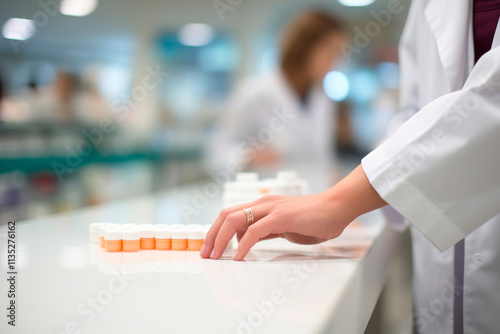 Pharmacist preparing medication in a pharmacy, representing the pharmaceutical industry.