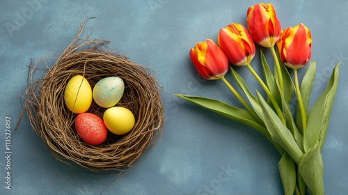 Easter eggs and fresh tulips on a blue background celebrate spring vibes