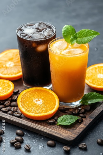 Refreshing orange and iced coffee drinks with fresh orange slices and coffee ...