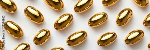 Shiny golden ingots symbolizing prosperity and wealth, aligned in rows on a seamless white background photo