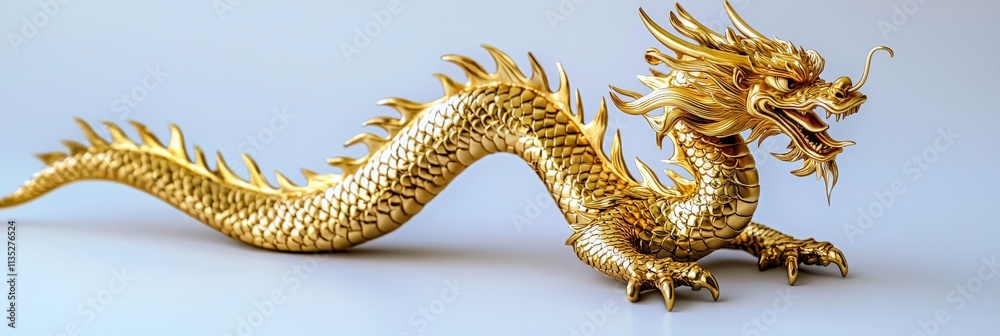 Fototapeta premium A golden dragon figurine, symbolizing strength and luck, placed at the center of a clean white backdrop
