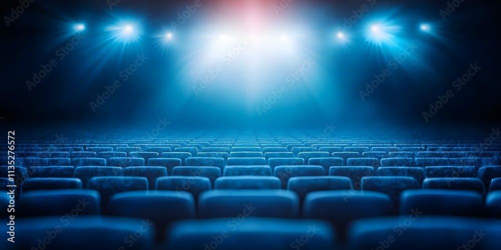 Fototapeta premium An empty theater with rows of seats, illuminated by stage lights creating a dramatic blue ambiance. Concept Empty Theater Atmosphere, Dramatic Stage Lighting, Blue Ambiance