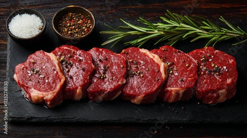 Fresh cuts of premium beef on a black slate board with herbs and spices