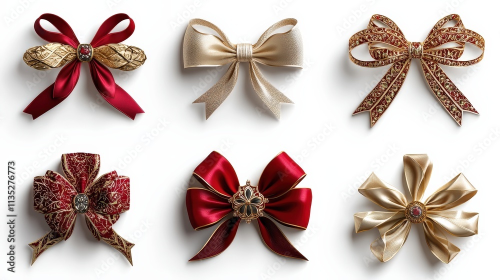 Decorative bows in red and gold with intricate designs, neatly arranged on a clean white background Decorative bows in red and gold with intricate designs, neatly arranged on a clean white background