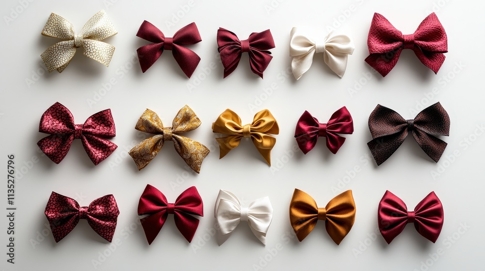 Decorative bows in red and gold with intricate designs, neatly arranged on a clean white background Decorative bows in red and gold with intricate designs, neatly arranged on a clean white background