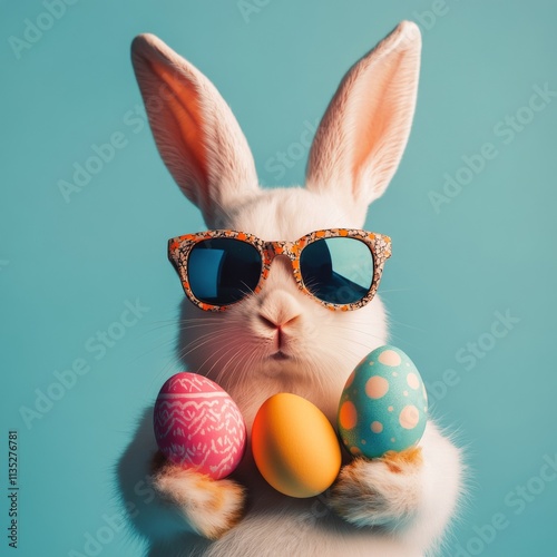Rabbit wearing sunglasses holds colorful Easter eggs in a bright blue setting