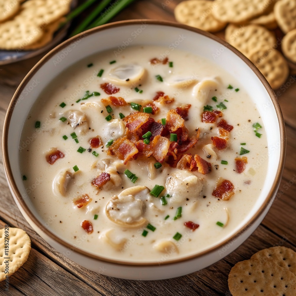 A delightful bowl of clam chowder soup garnished with crispy bacon bits and chopped chives, Clam chowder bowl centered, Soft natural lighting accentuating the creamy texture A delightful bowl of clam chowder soup garnished with crispy bacon bits and chopped chives, Clam chowder bowl centered, Soft natural lighting accentuating the creamy texture