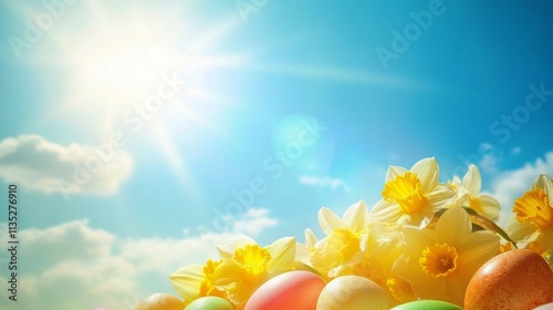 Bright spring flowers bloom under a clear blue sky with sunlight shining