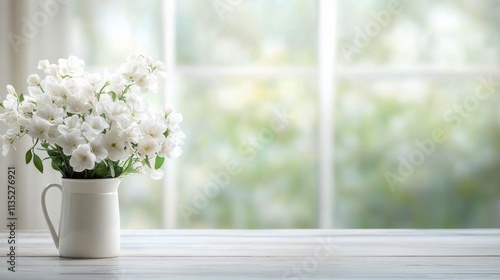 Fresh white flowers in a vase placed on a wooden table beside a softly lit wi...