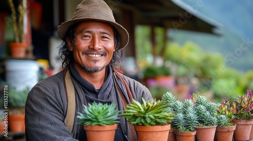 Smiling farmer working with fresh vegetables in a vibrant garden during dayli...