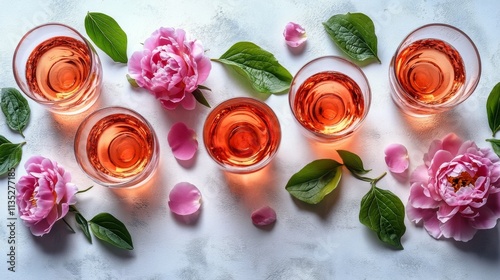Colorful arrangement of wine glasses surrounded by fresh flowers and greenery