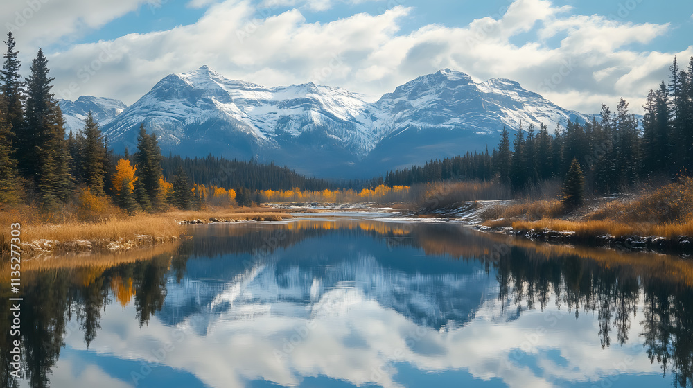 Nearly perfect reflections of the Rocky Mountains on the Bow River near Canmore, Alberta, depicting the beauty of winter landscapes. Nearly perfect reflections of the Rocky Mountains on the Bow River near Canmore, Alberta, depicting the beauty of winter landscapes.