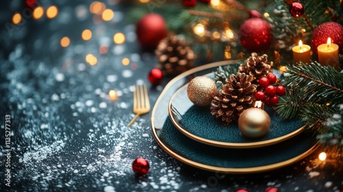 Festive table setting with decorations, plates, and candles during the holida...