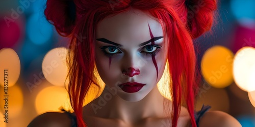 A woman with striking red hair and clown makeup, including a red nose and dramatic eye makeup, set against a colorful background. Concept Red Hair Portrait, Clown Makeup, Colorful Background
