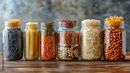 Collection of colorful jars filled with various grains, legumes, and pasta on...