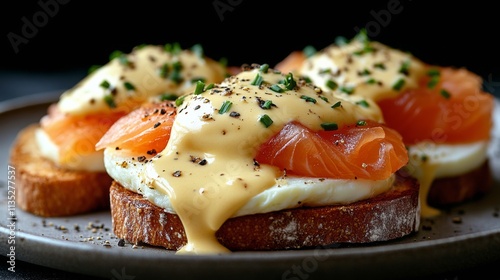 Delicious smoked salmon toast topped with fried egg and cherry tomato on a wo...