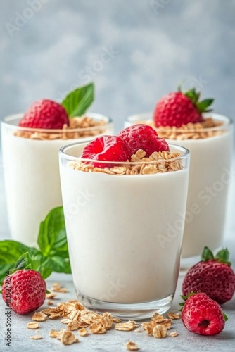 Delicious yogurt parfaits with fresh strawberries and granola served in clear...
