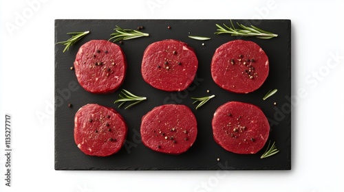 Fresh cuts of beef steaks garnished with rosemary on a dark wooden surface