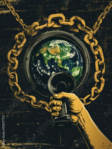 Advertising flyer composed with loudspeaker, raised arm holds Earth globe and surrounded by chain, vector illustration. Propaganda as the method of psychological warfare, proletarian leader. photo