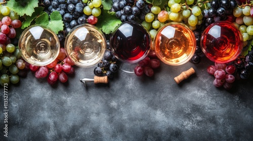 Four types of wine served in elegant glasses with fresh grapes on a textured ...
