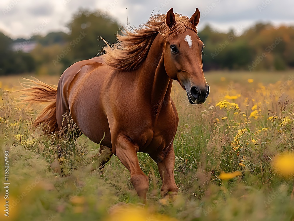 Obraz premium Beautiful brown horse cantering a grassy field mane flowing in the wind peaceful farm backdrop