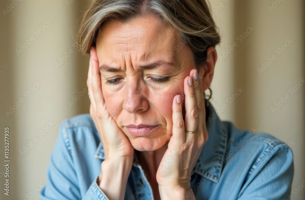 Depressed older woman in pain, holding head with palms. Stress, mental health, hormonal imbalance. Concept of women feeling unwell during menopause. Copy-space. Depressed older woman in pain, holding head with palms. Stress, mental health, hormonal imbalance. Concept of women feeling unwell during menopause. Copy-space.