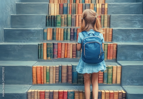 Young child explores colorful stacked books in cozy reading corner during aft...