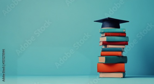 Graduation cap resting on stack of colorful books against teal wall in a stud...