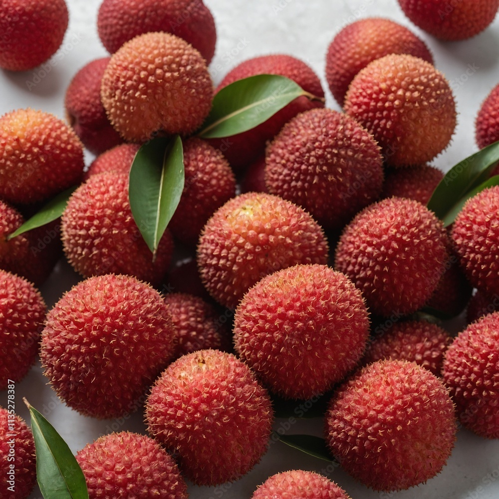 A fresh lychee with its bright red, bumpy shell on a white surface. A fresh lychee with its bright red, bumpy shell on a white surface.
