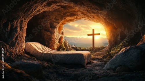 Peaceful cave setting with a cross illuminated by sunlight during the morning