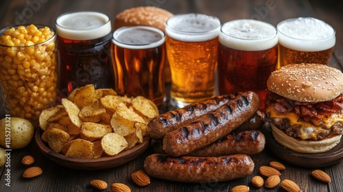 Delicious spread of grilled sausages, burger, snacks and drinks on rustic woo...