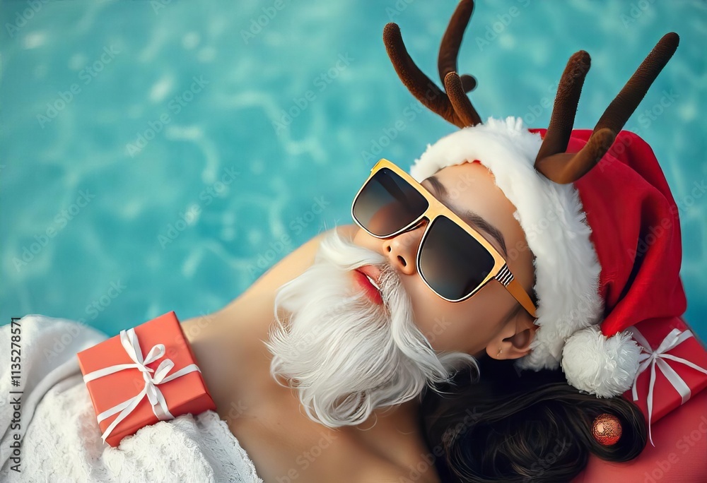 Obraz premium Funny woman wearing santa hat and white santa beard lying sourronded by gifts and relaxing on air mattress in swimming pool
