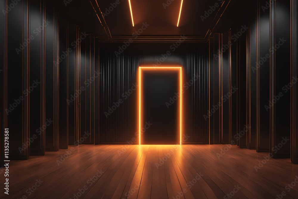 3D Rendering Abstract door light fantastic scene empty stage room with orange light element on black background 3D Rendering Abstract door light fantastic scene empty stage room with orange light element on black background