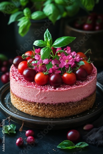 Delicious pink cheesecake adorned with fresh fruits and flowers on a dark bac...