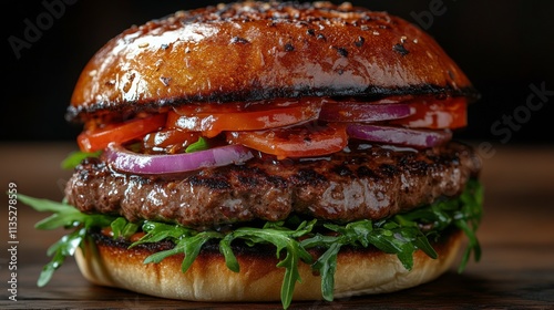 Juicy hamburger with fresh toppings served on a toasted bun at a gourmet burg...