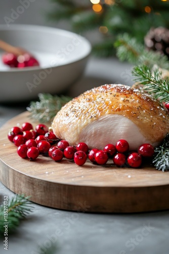 Delicious roasted chicken served with festive vegetables and herbs for a holi...
