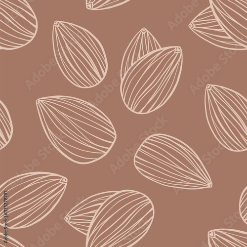 Line Art Stylized Almond Seeds Vector Seamless Pattern in Mocha Mousse Trendy Color of the Year 2025 for Wallpapers or Fabric Textile Design